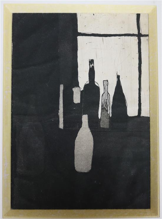 Anne Montague, etching, Bottles at the window, 20 x 14cm